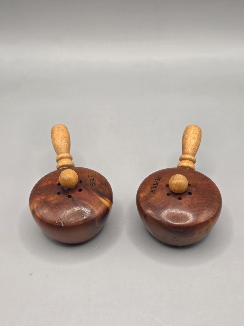 Vintage Salt and Pepper Shakers wooden pots pans cookware